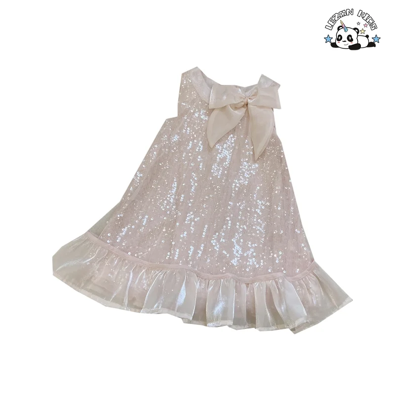 LEZONKIDS - Customize Kids Summer Sleeveless Dress 2023 New Girl Pink Bow Sequin Princess Dresses